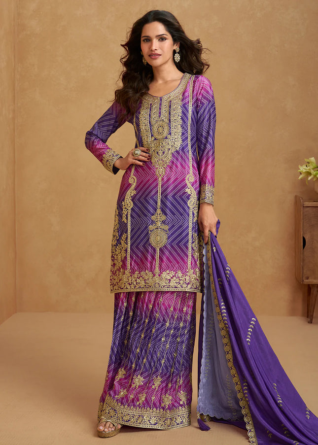 Purple Embroidered Sharara Suit