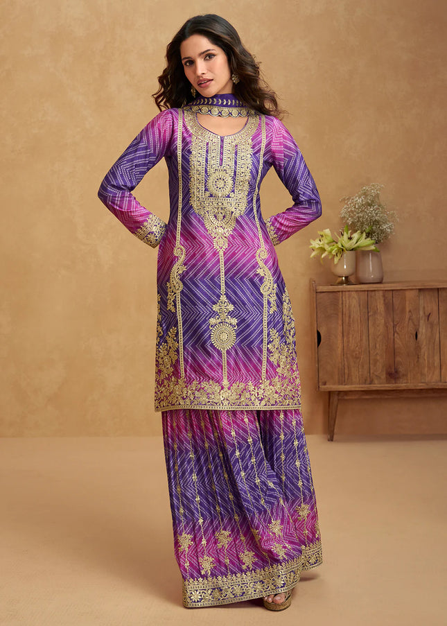 Purple Embroidered Sharara Suit