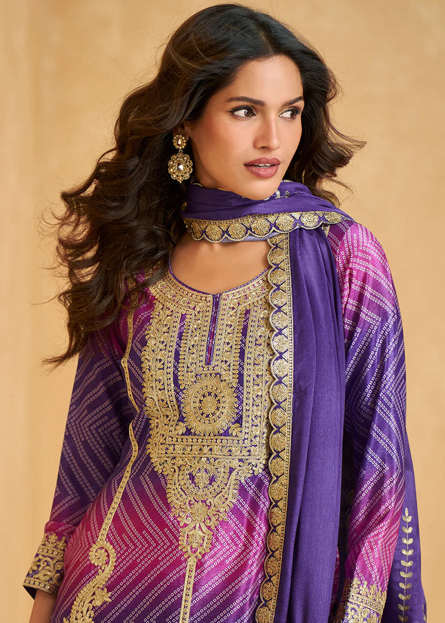 Purple Embroidered Sharara Suit
