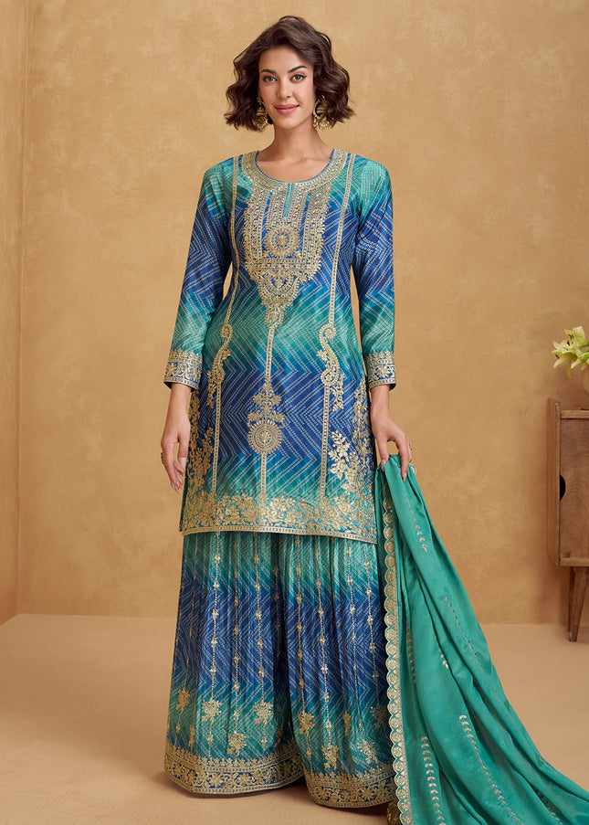 Blue Embroidered Sharara Suit