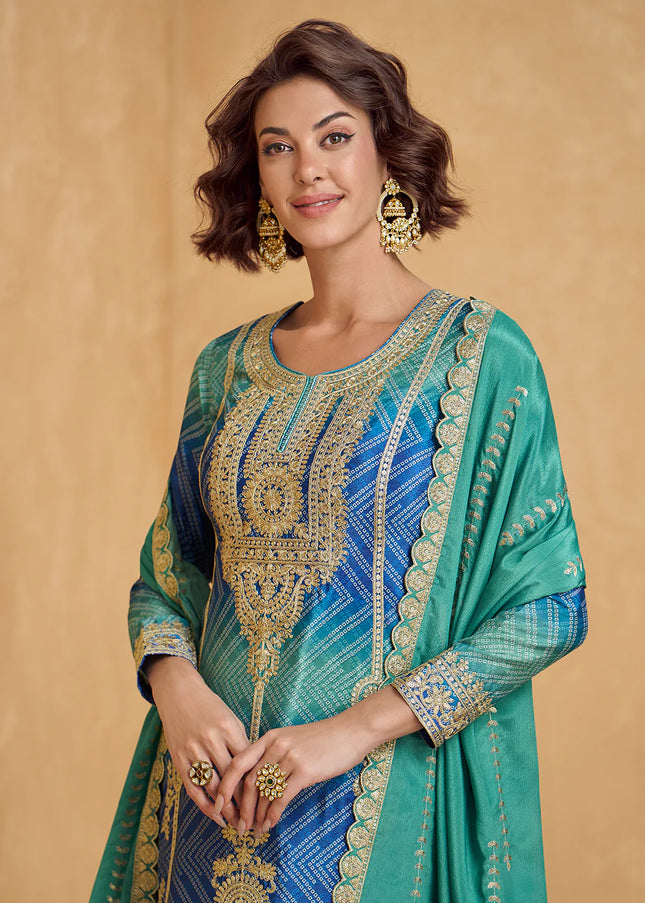 Blue Embroidered Sharara Suit