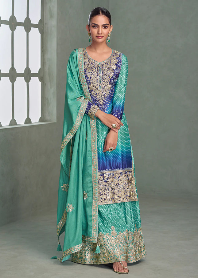 Turquoise and Purple Embroidered Sharara Suit