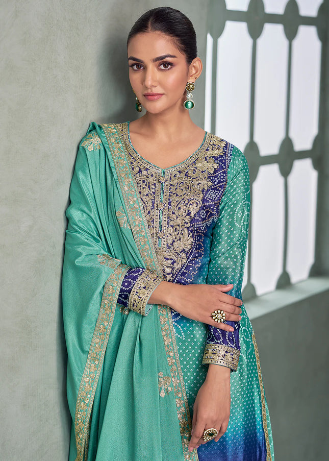 Turquoise and Purple Embroidered Sharara Suit