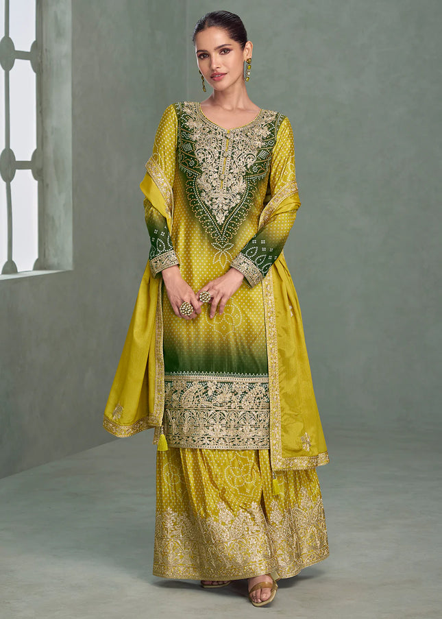 Mustard Yellow and Green Embroidered Sharara Suit