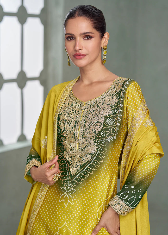 Mustard Yellow and Green Embroidered Sharara Suit