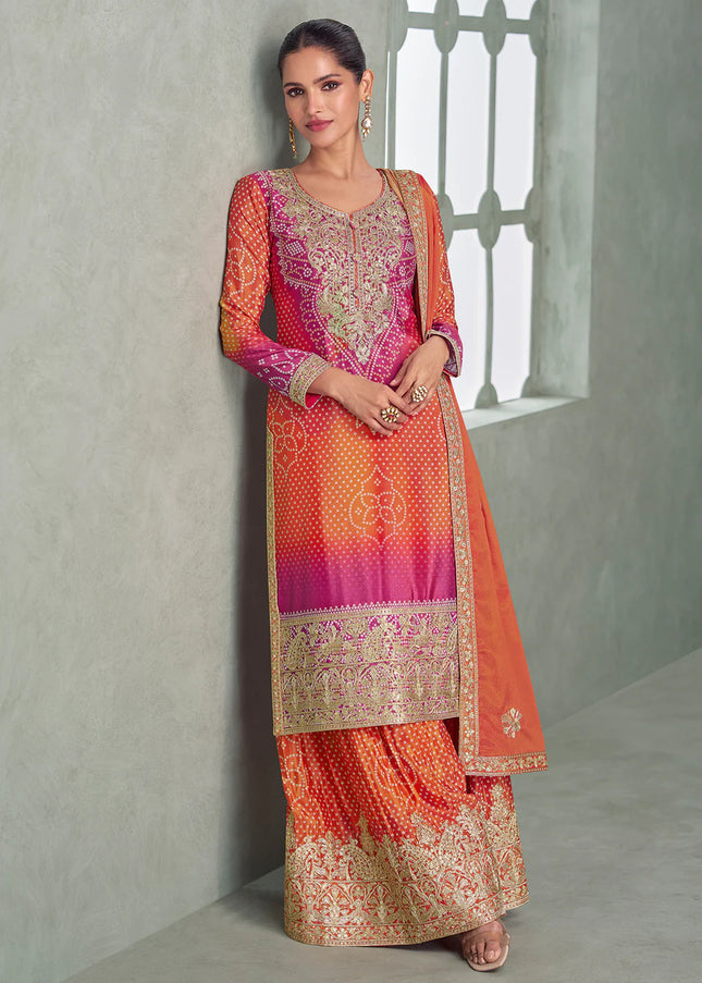 Orange and Pink Embroidered Sharara Suit
