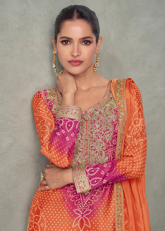 Orange and Pink Embroidered Sharara Suit