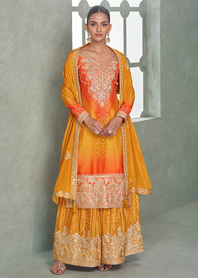 Yellow and Orange Embroidered Sharara Suit