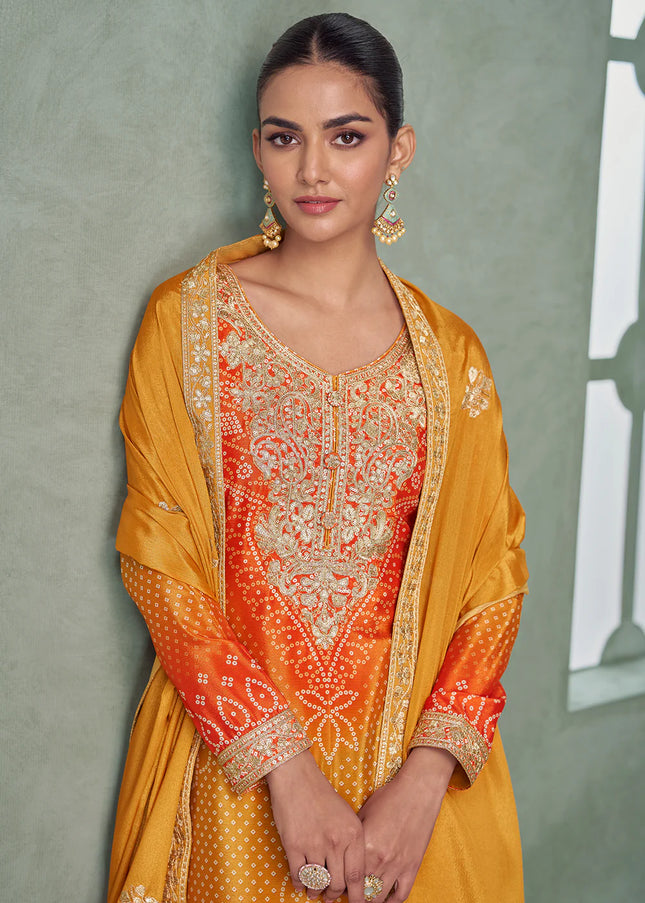 Yellow and Orange Embroidered Sharara Suit
