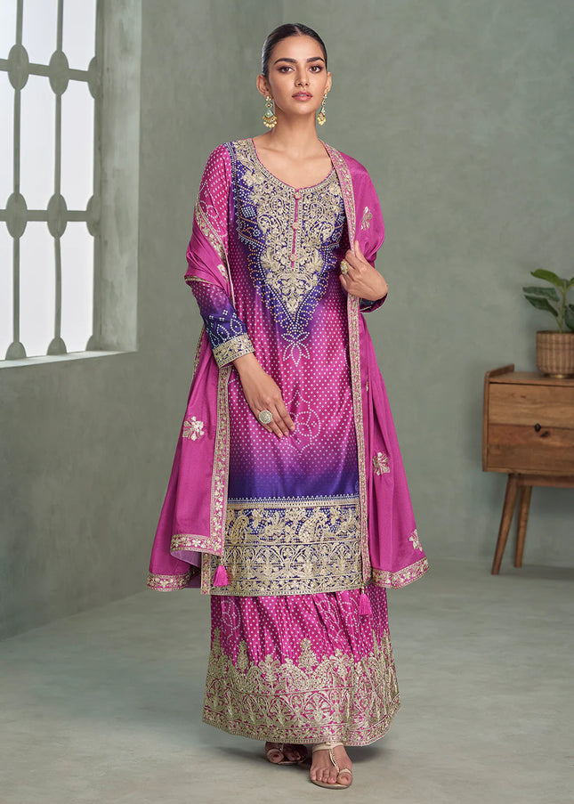 Pink and Purple Embroidered Sharara Suit