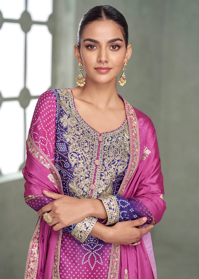 Pink and Purple Embroidered Sharara Suit