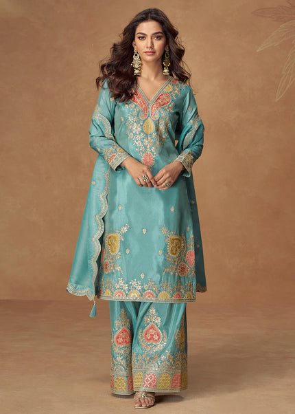 Sky Blue Embroidered Palazzo Suit
