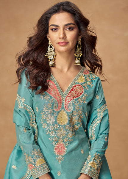 Sky Blue Embroidered Palazzo Suit