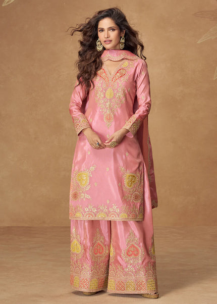 Pink Embroidered Palazzo Suit