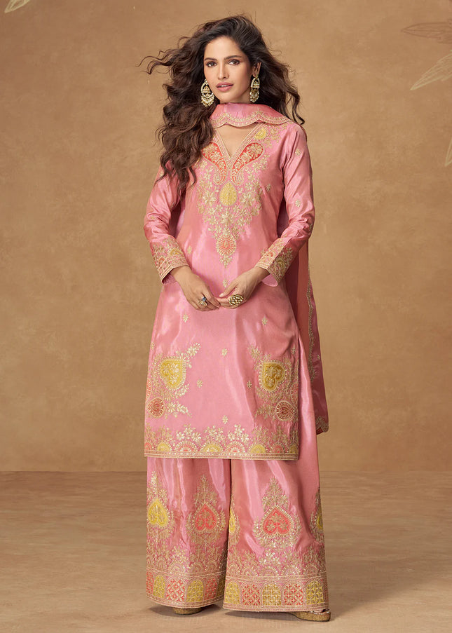 Pink Embroidered Palazzo Suit