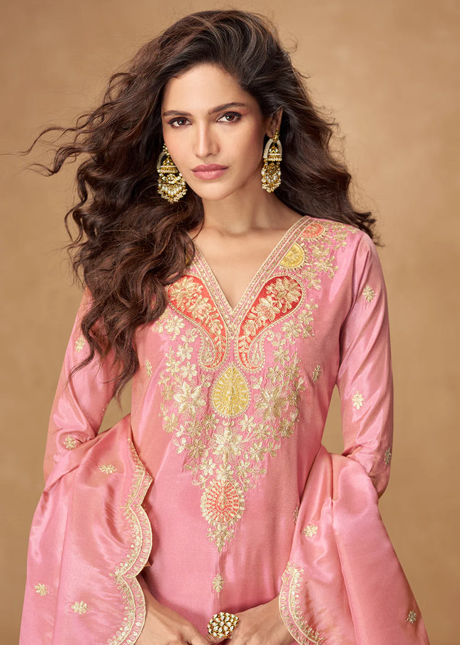 Pink Embroidered Palazzo Suit