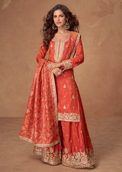 Orange Embroidered Sharara Suit