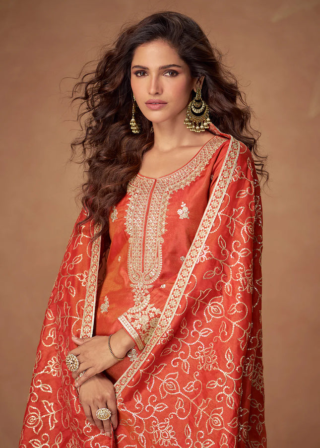 Orange Embroidered Sharara Suit