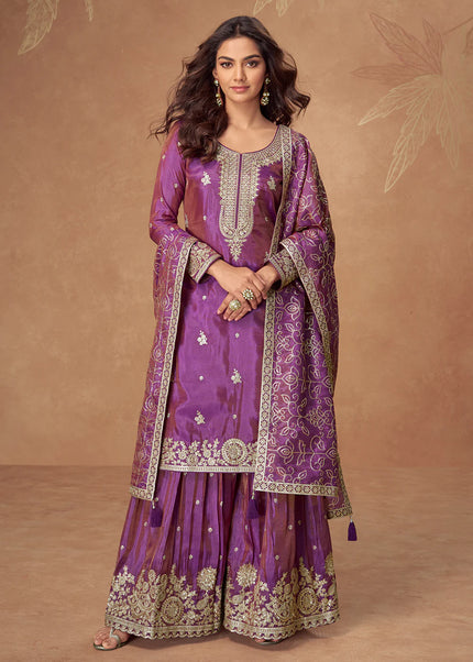 Purple Embroidered Sharara Suit