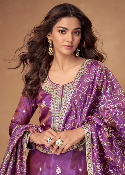 Purple Embroidered Sharara Suit