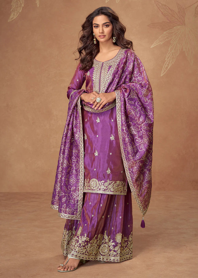 Purple Embroidered Sharara Suit