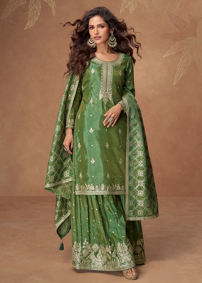Green Embroidered Sharara Suit