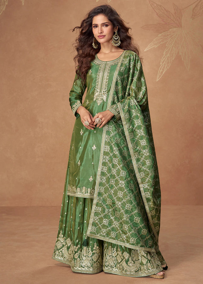 Green Embroidered Sharara Suit