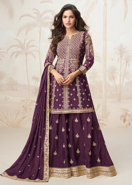 Purple Embroidered Sharara Suit