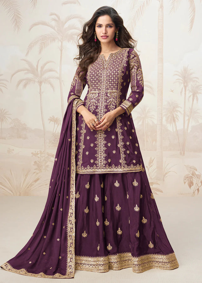Purple Embroidered Sharara Suit
