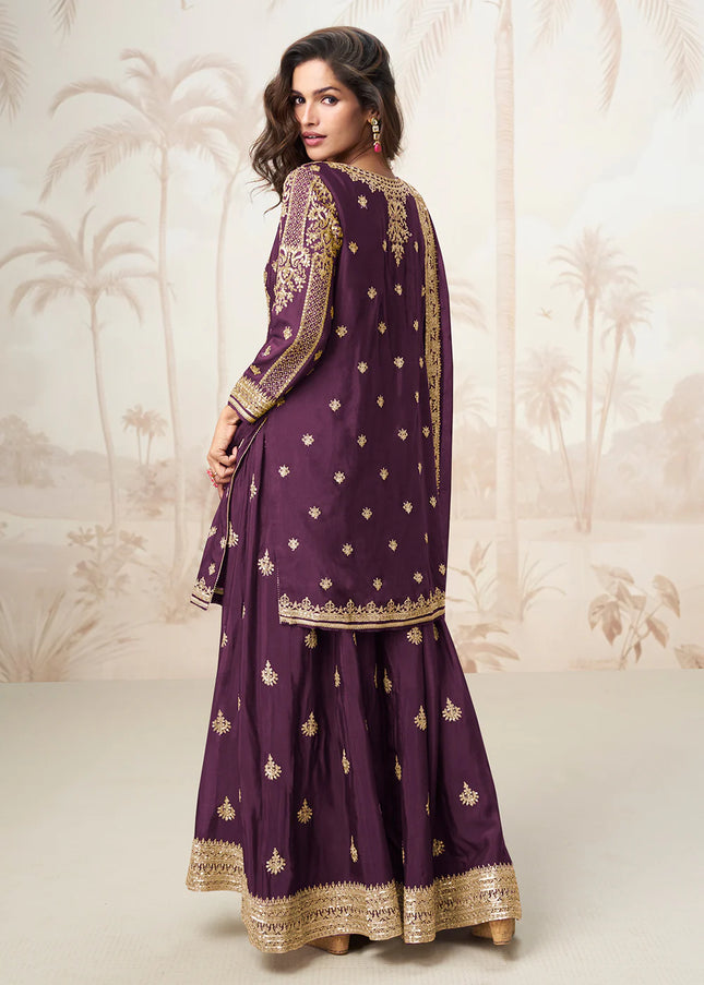 Purple Embroidered Sharara Suit