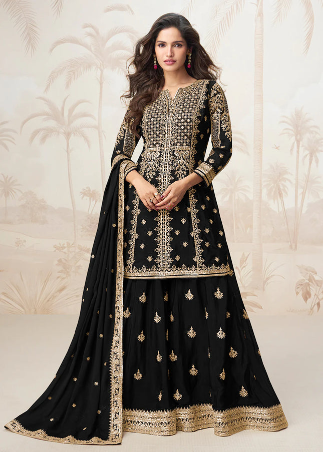 Black Embroidered Sharara Suit