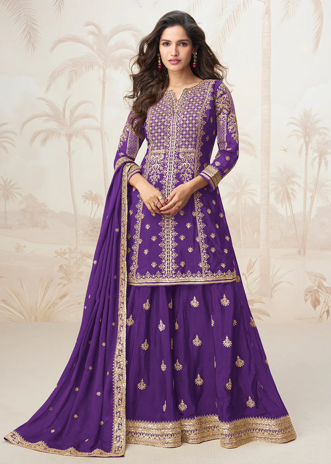 Violet Embroidered Sharara Suit