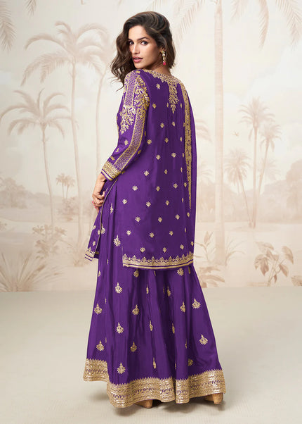 Violet Embroidered Sharara Suit
