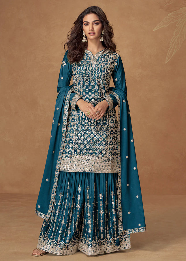Teal Embroidered Sharara Suit