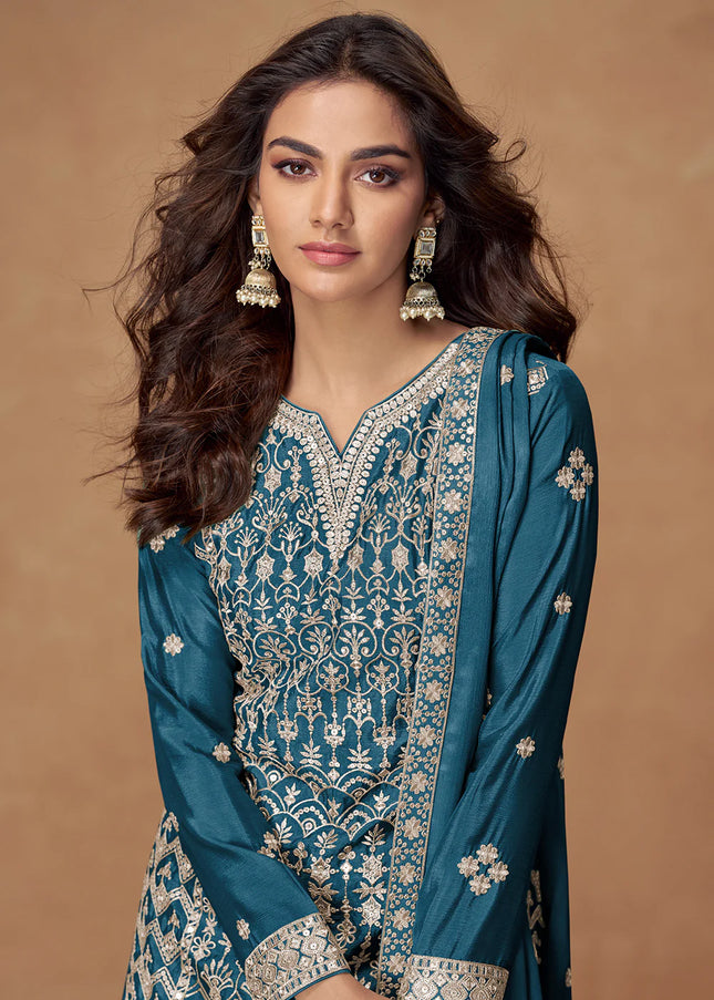 Teal Embroidered Sharara Suit