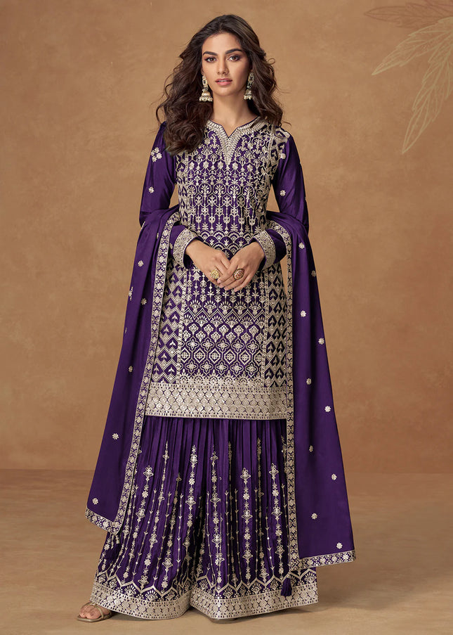 Purple Embroidered Sharara Suit