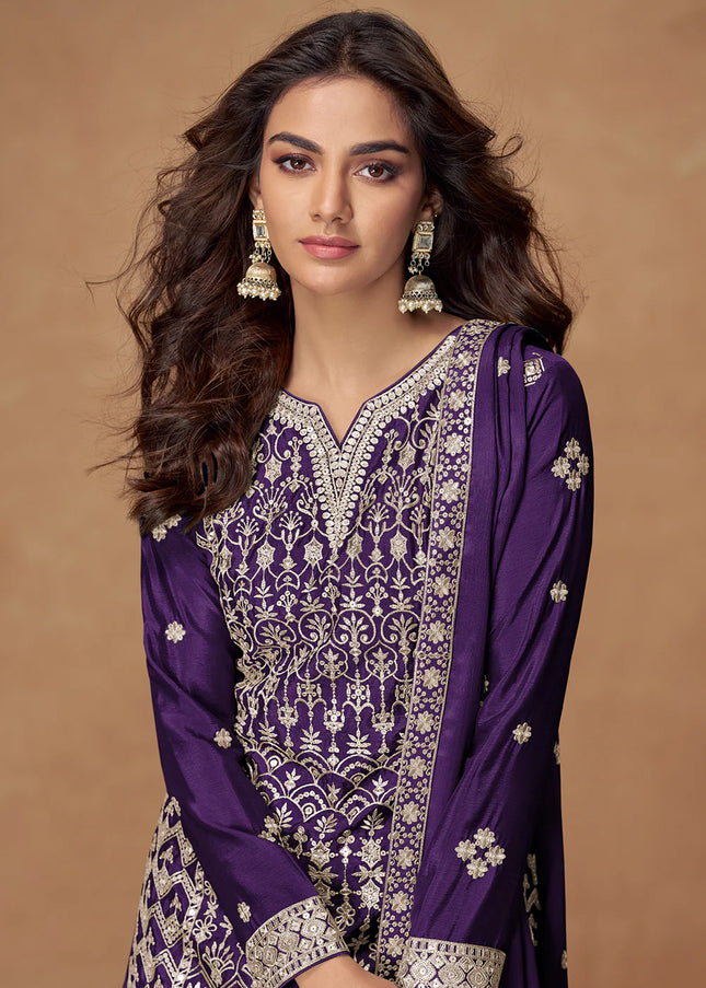 Purple Embroidered Sharara Suit