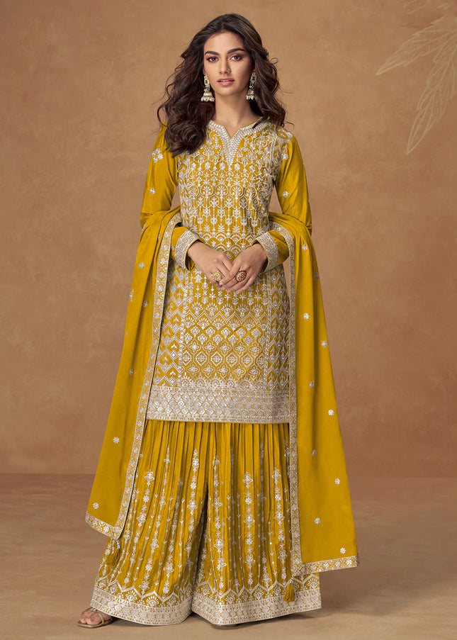 Mustard Yellow Embroidered Sharara Suit