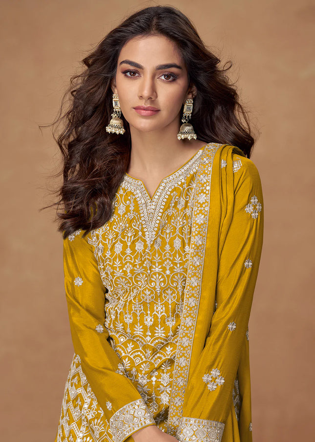 Mustard Yellow Embroidered Sharara Suit