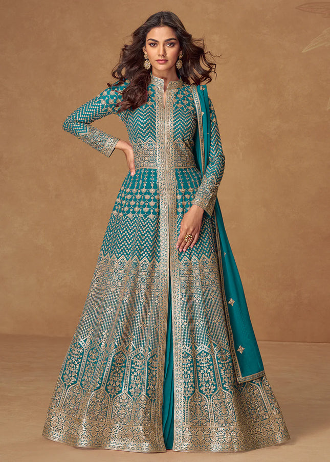 Turquoise Embroidered Lehenga Anarkali