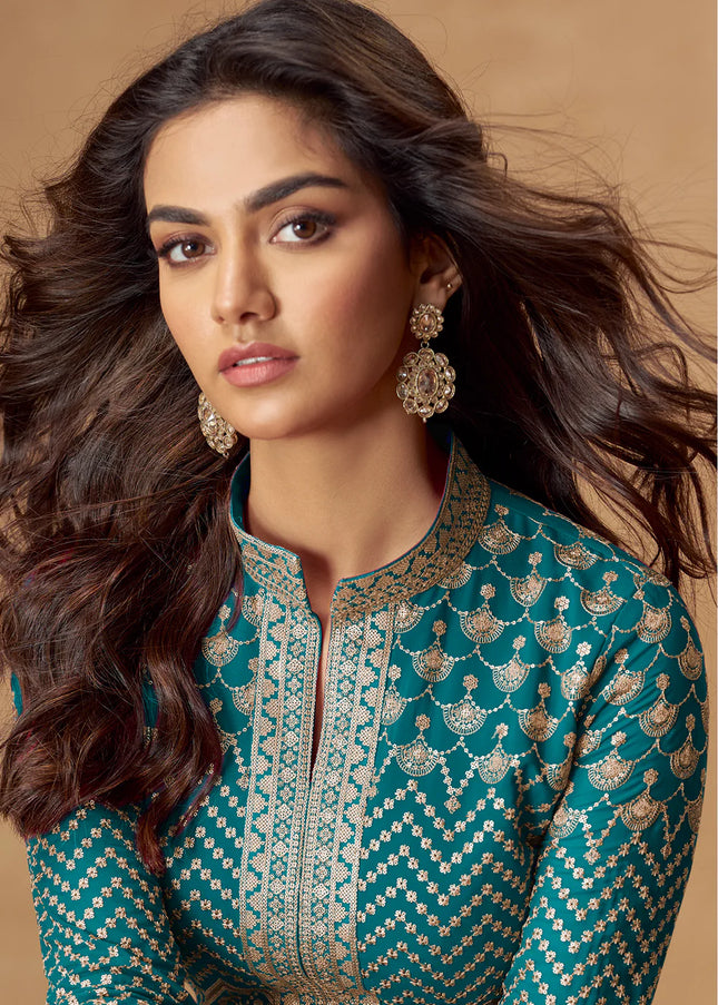Turquoise Embroidered Lehenga Anarkali