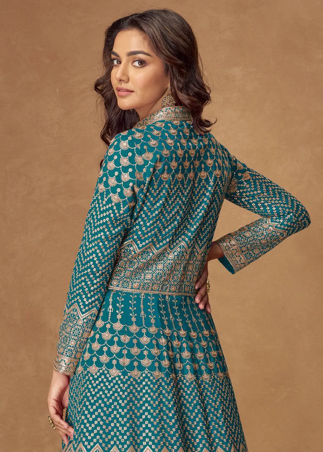 Turquoise Embroidered Lehenga Anarkali