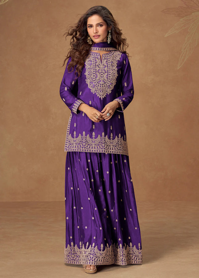 Purple Embroidered Sharara Suit