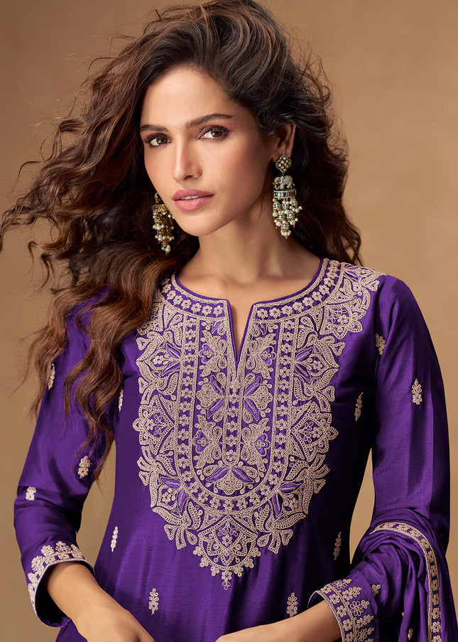 Purple Embroidered Sharara Suit