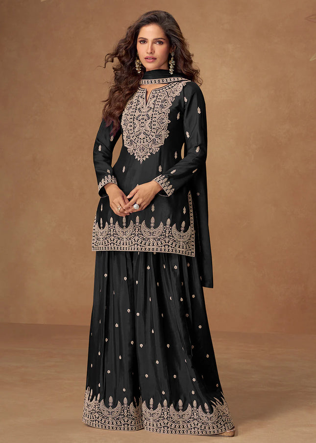 Black Embroidered Sharara Suit