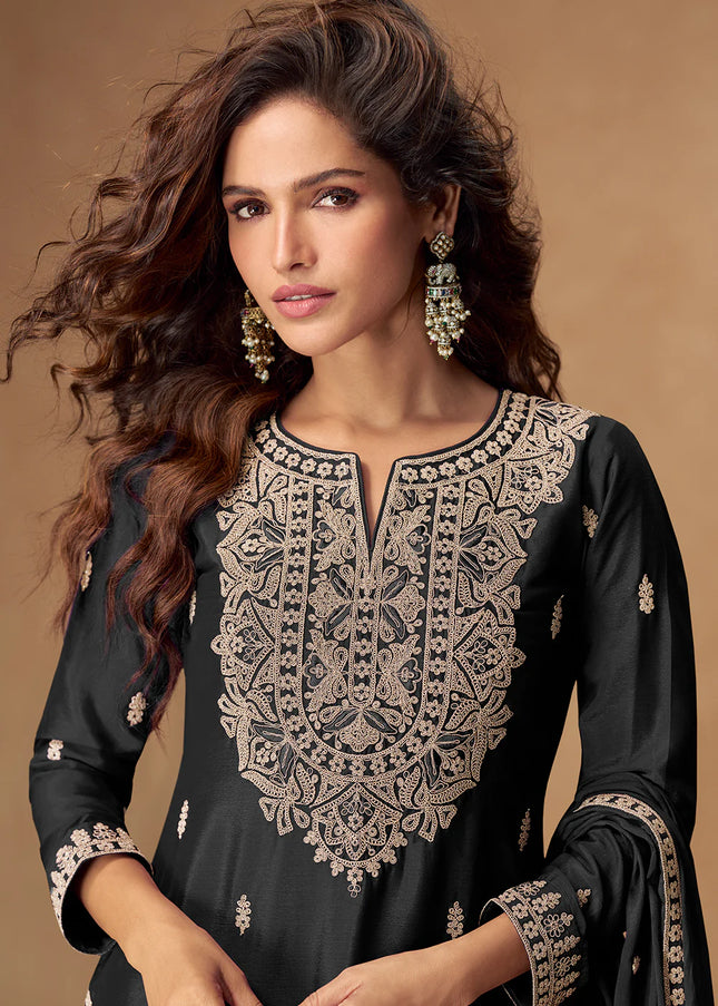 Black Embroidered Sharara Suit