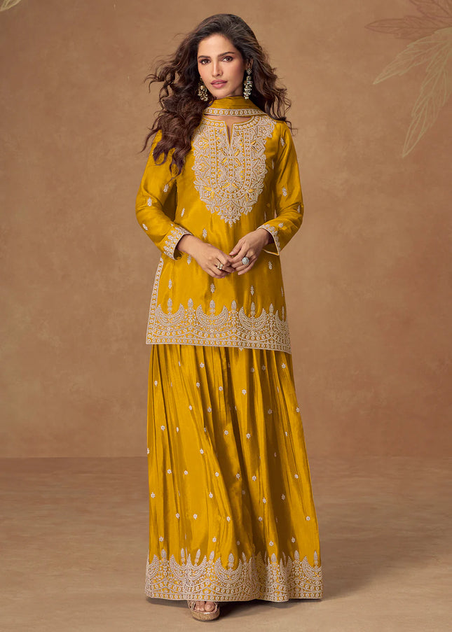 Mustard Yellow Embroidered Sharara Suit