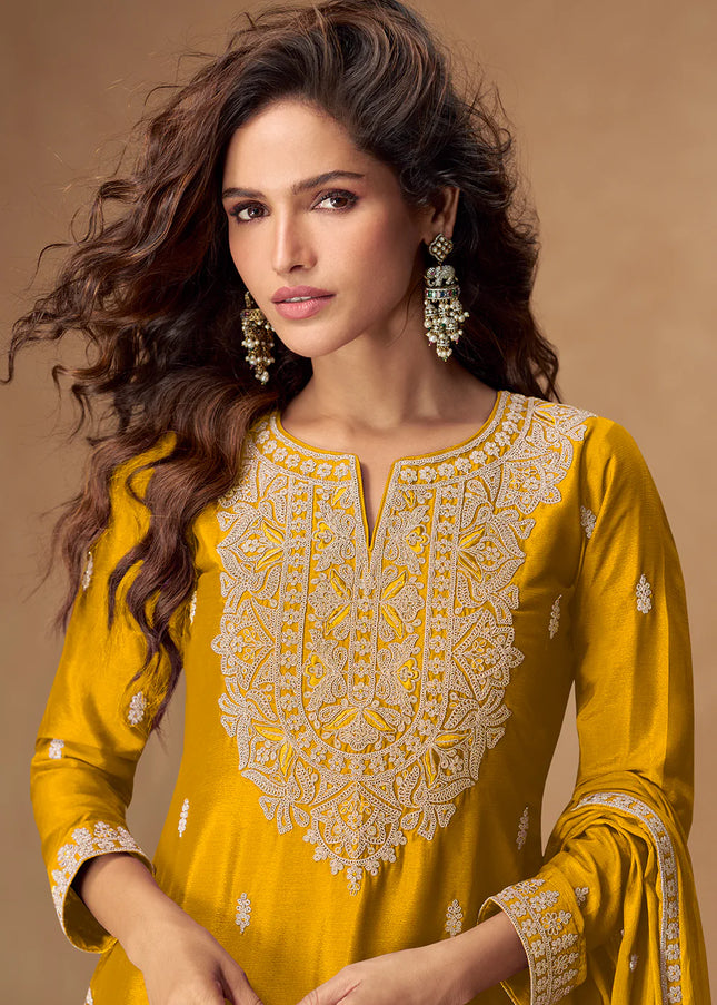 Mustard Yellow Embroidered Sharara Suit