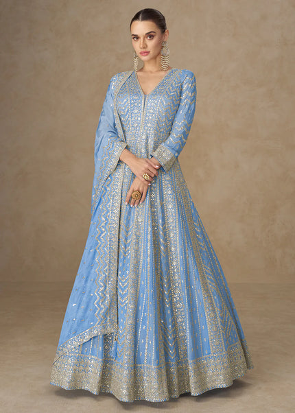 Sky Blue Embroidered Anarkali Gown