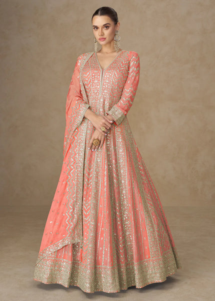Peach Embroidered Anarkali Gown